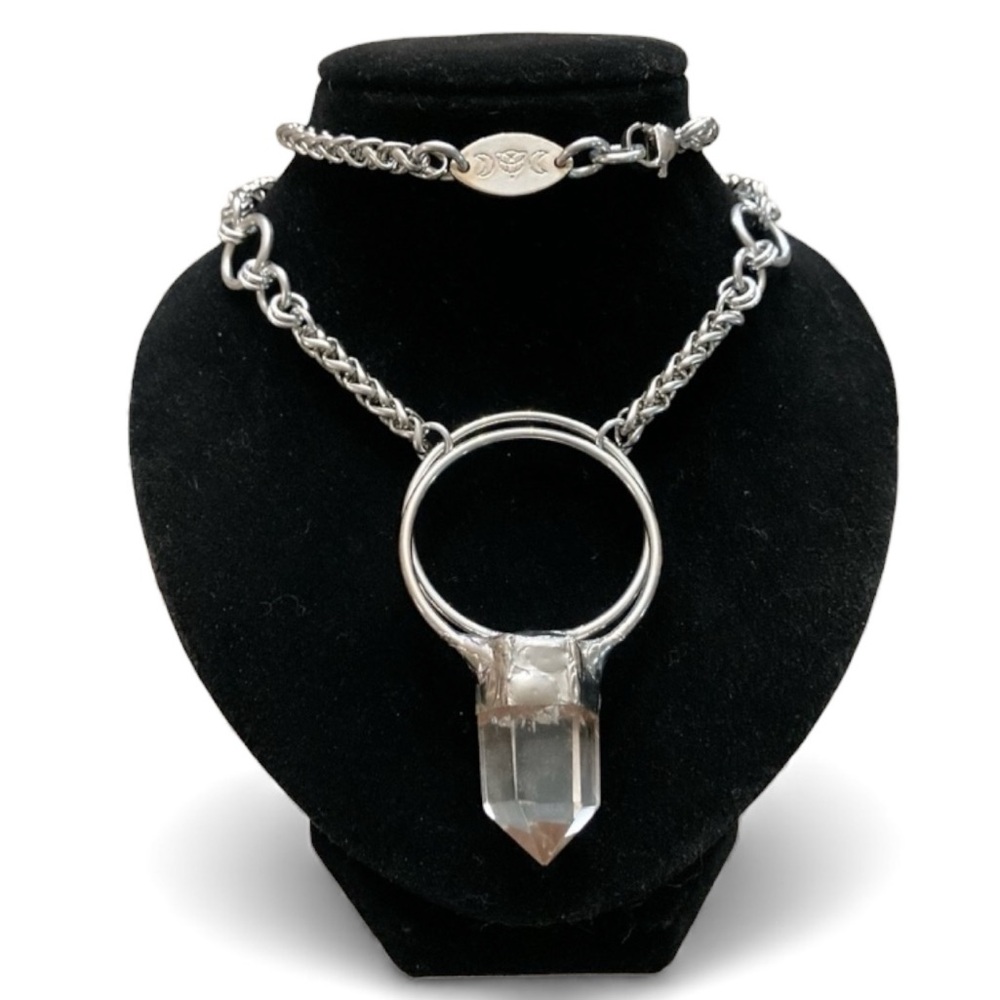 Genuine big raw clear crystal quartz on maille silver necklace boho handmade